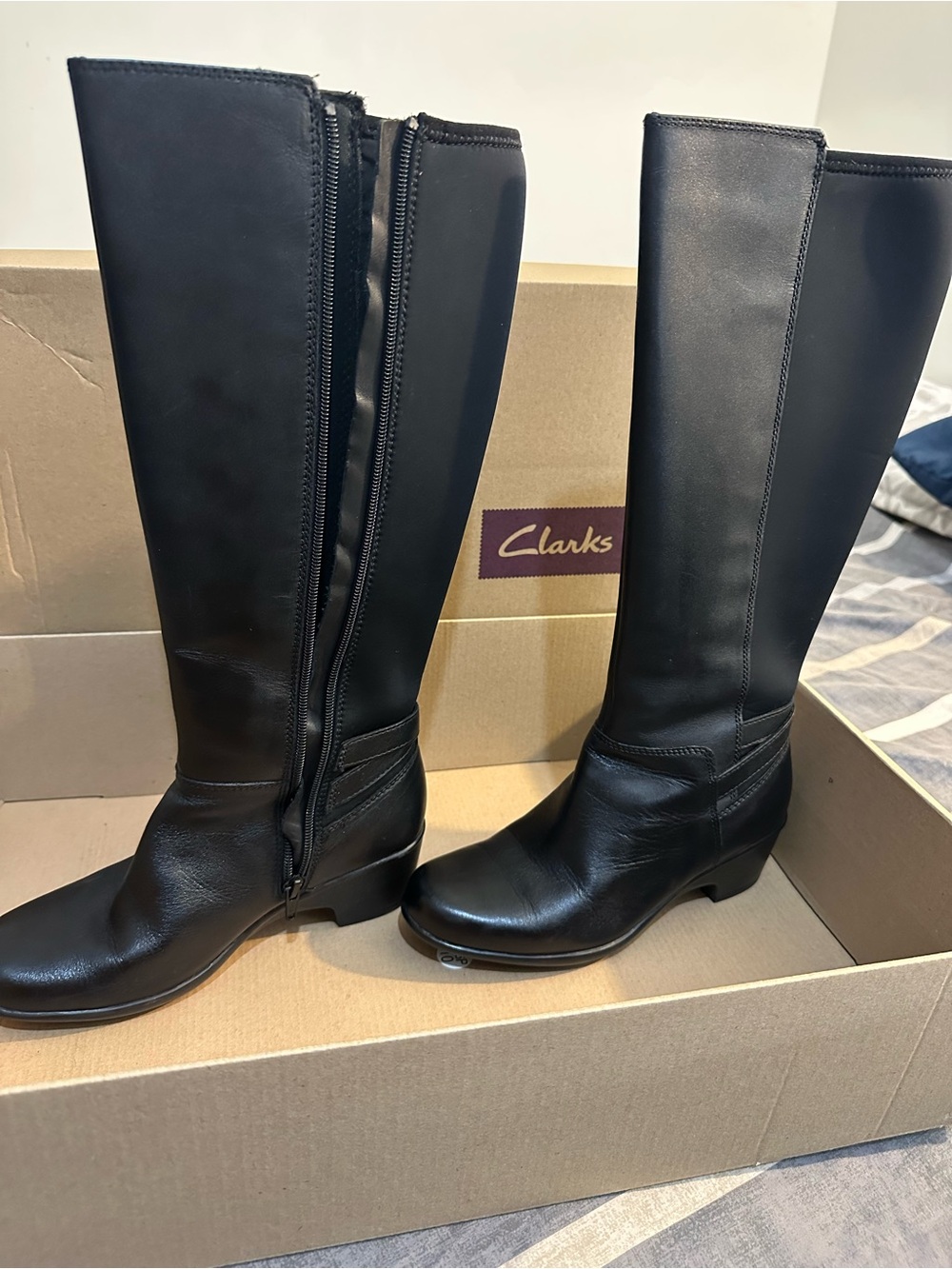Clarks Black Leather Over-the-Knee Zip Boots
